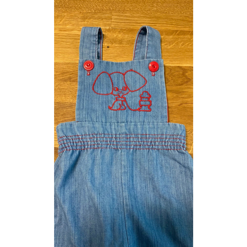 Retro soft denim overalls with puppy embroidery